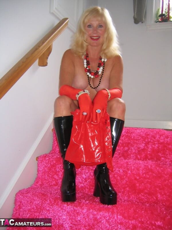 Hot older blonde Ruth works free of pleather wear to pose nude in boots page 1